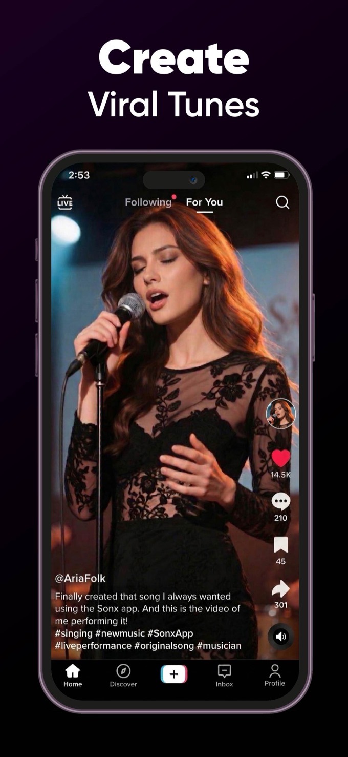 A Sonx-made song and a matching vertical performance video posted to a TikTok-style For You feed, captioned 'Finally created that song I always wanted using the Sonx app'