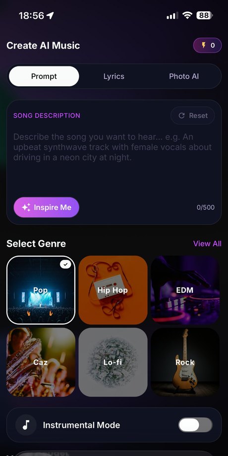 Sonx create screen — type a prompt and generate an AI song