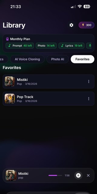 Sonx library screen listing AI-generated songs