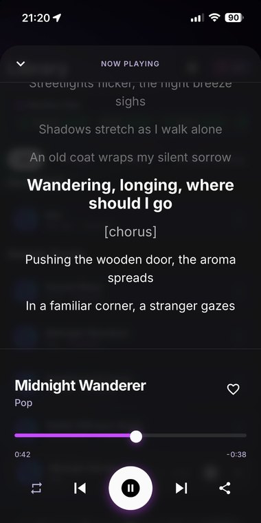 Sonx now playing screen with an AI-generated track