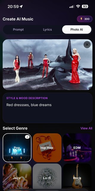 Sonx Photo AI screen turning an uploaded photo into a song