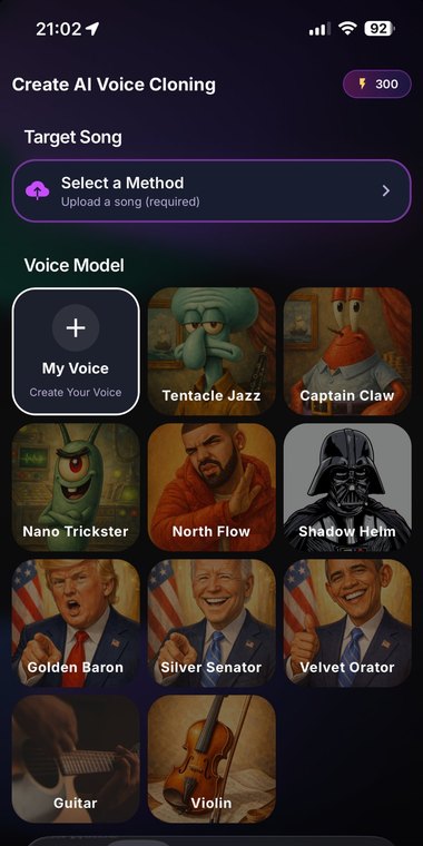 Sonx AI voice screen for cloning your voice or picking AI voice models